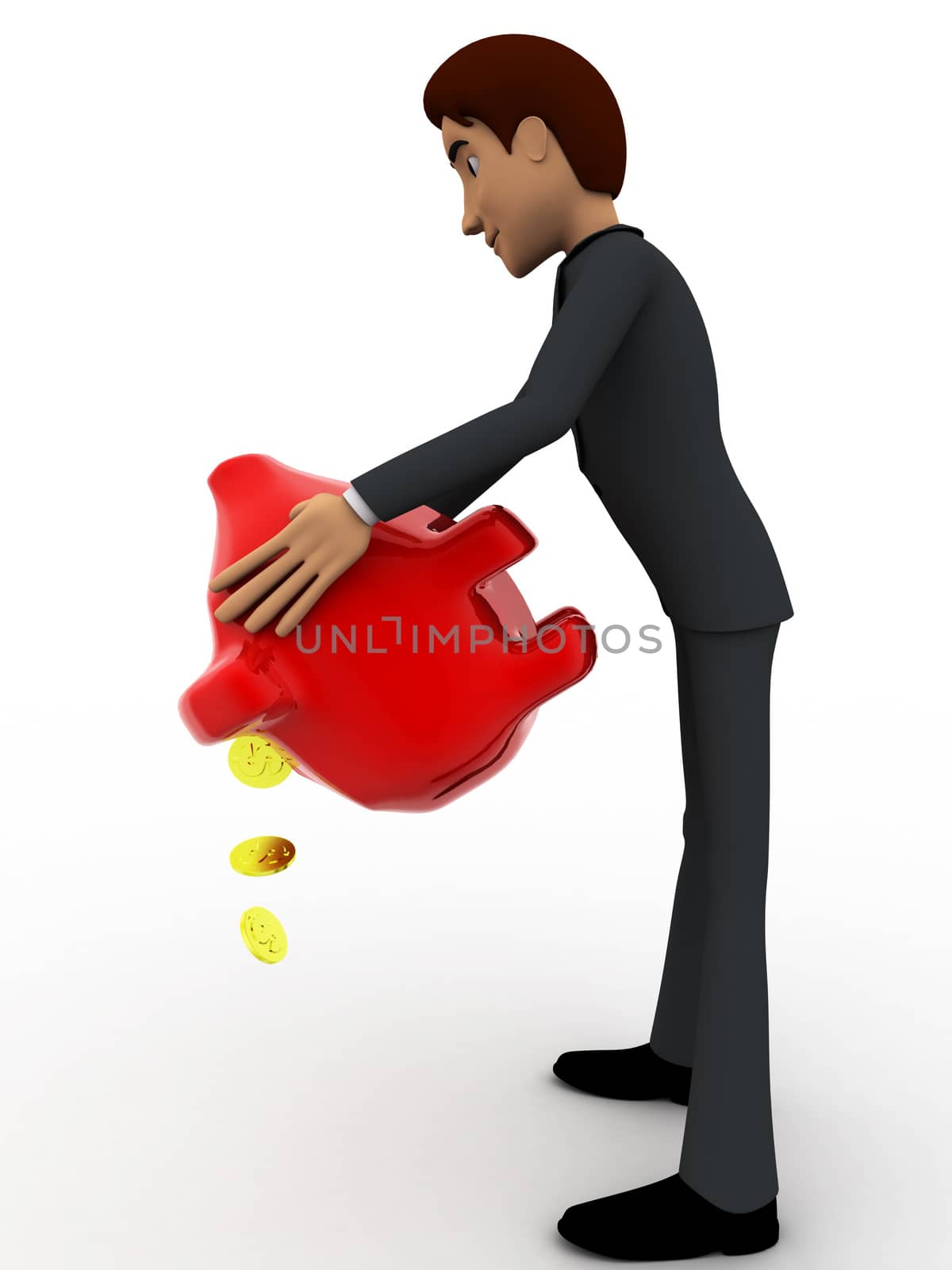 3d man taking out golden coins from red piggybank concept by touchmenithin@gmail.com