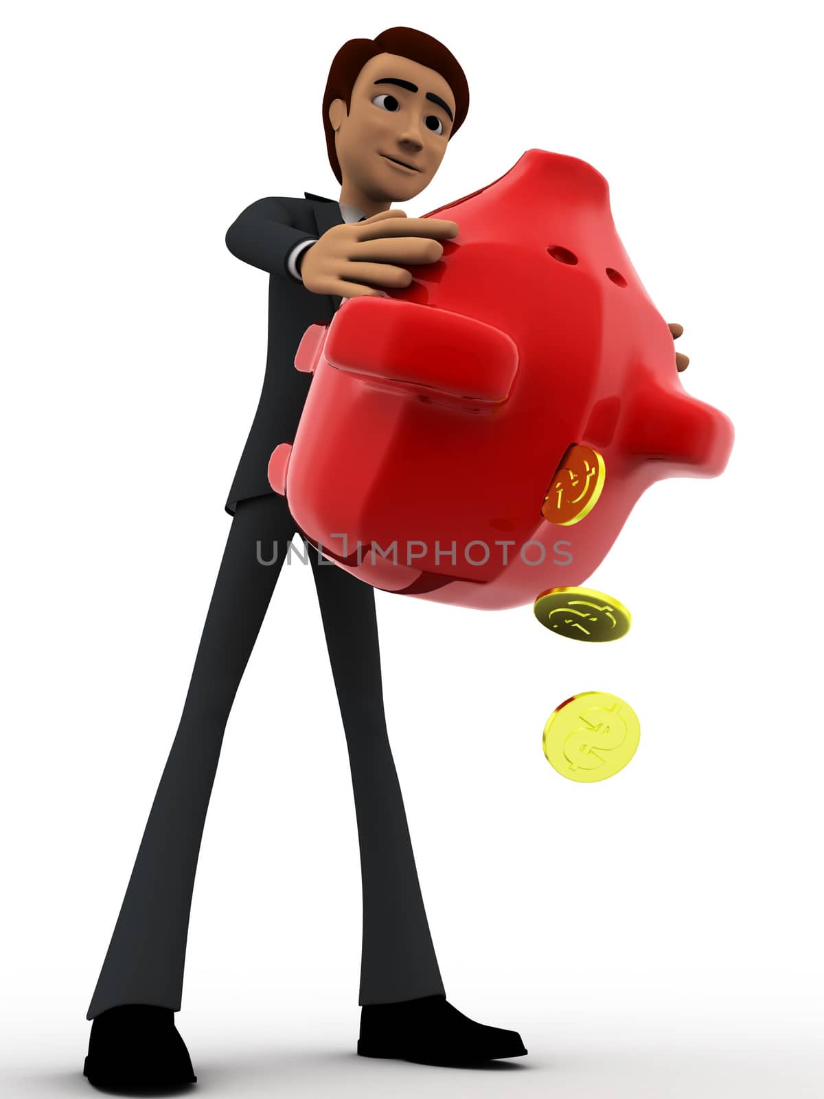 3d man taking out golden coins from red piggybank concept on white background, low angle view