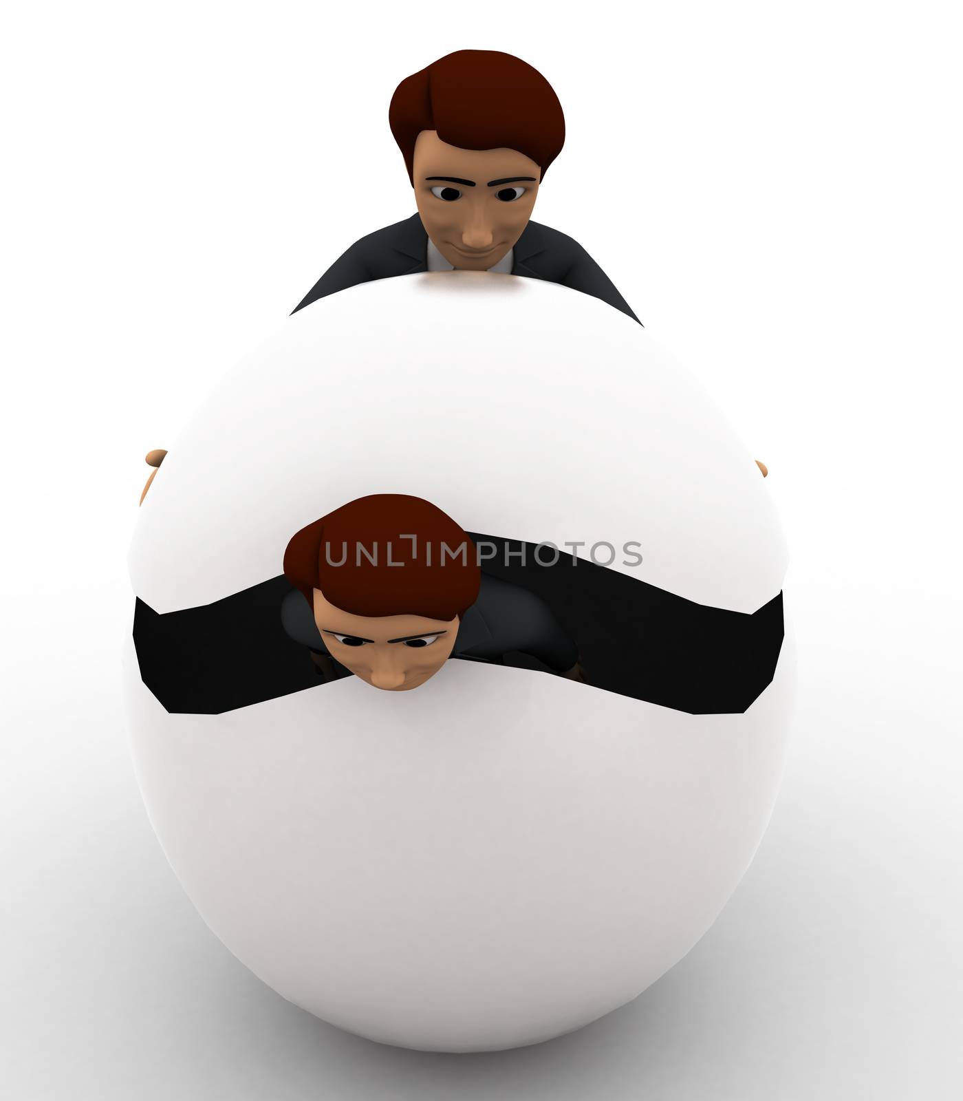 3d man try to hide body inside sphere concept on white background, front angle view