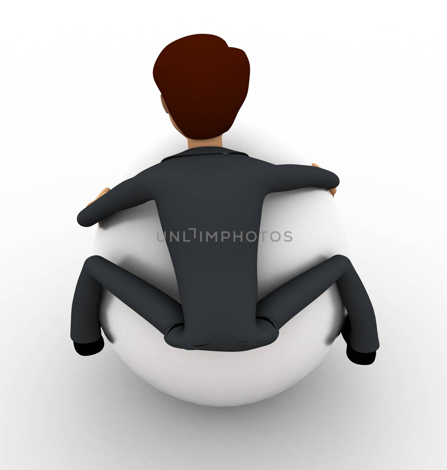 3d man trying to carry up big white sphere concept on white background, top angle view