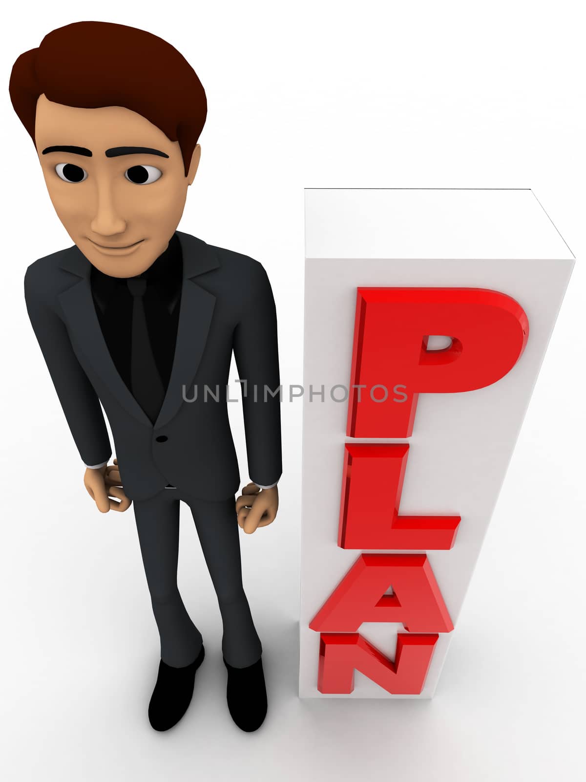 3d man with red vertical plan text concept on white background, top angle view
