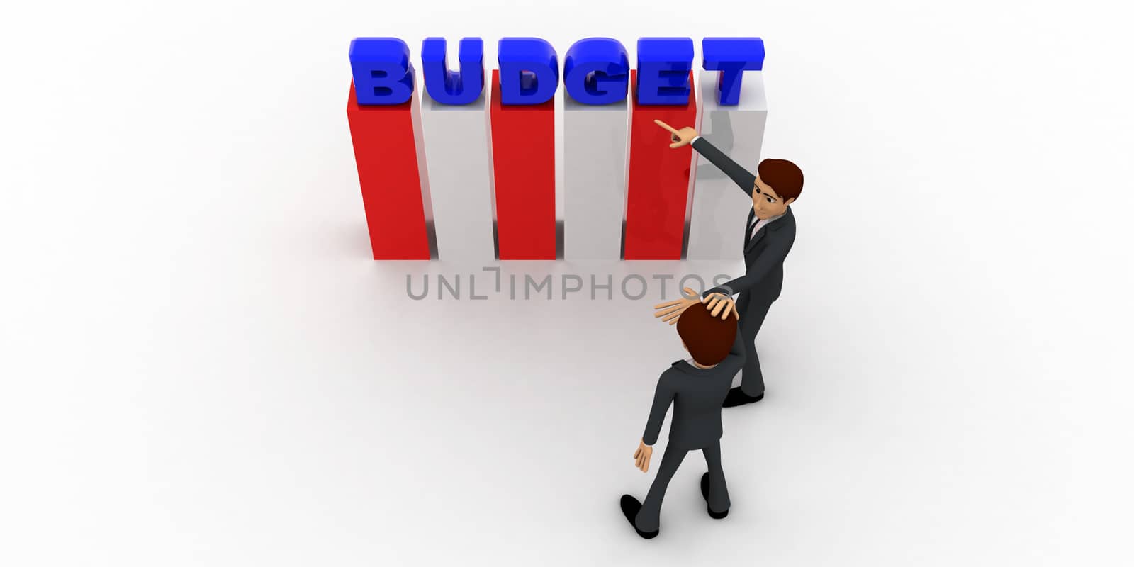 3d man discuss budget plan concept on white background,  top angle view