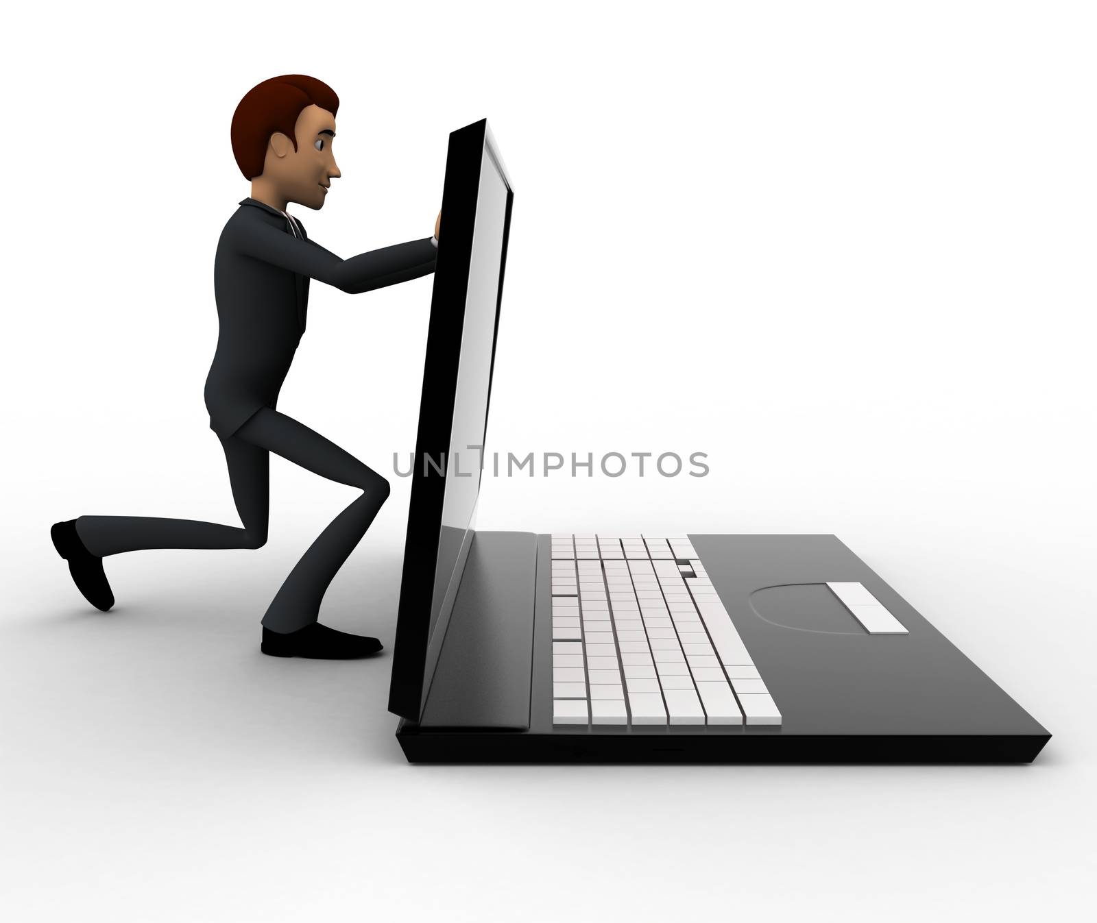 3d man pushing laptop screen and closing it concept on white background, side angle view