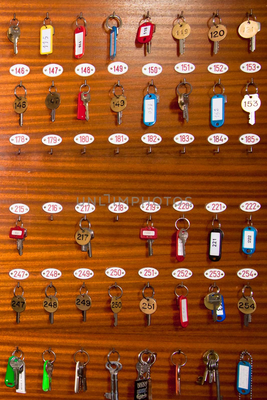 Retro rey board with room keys in an old motel reception.