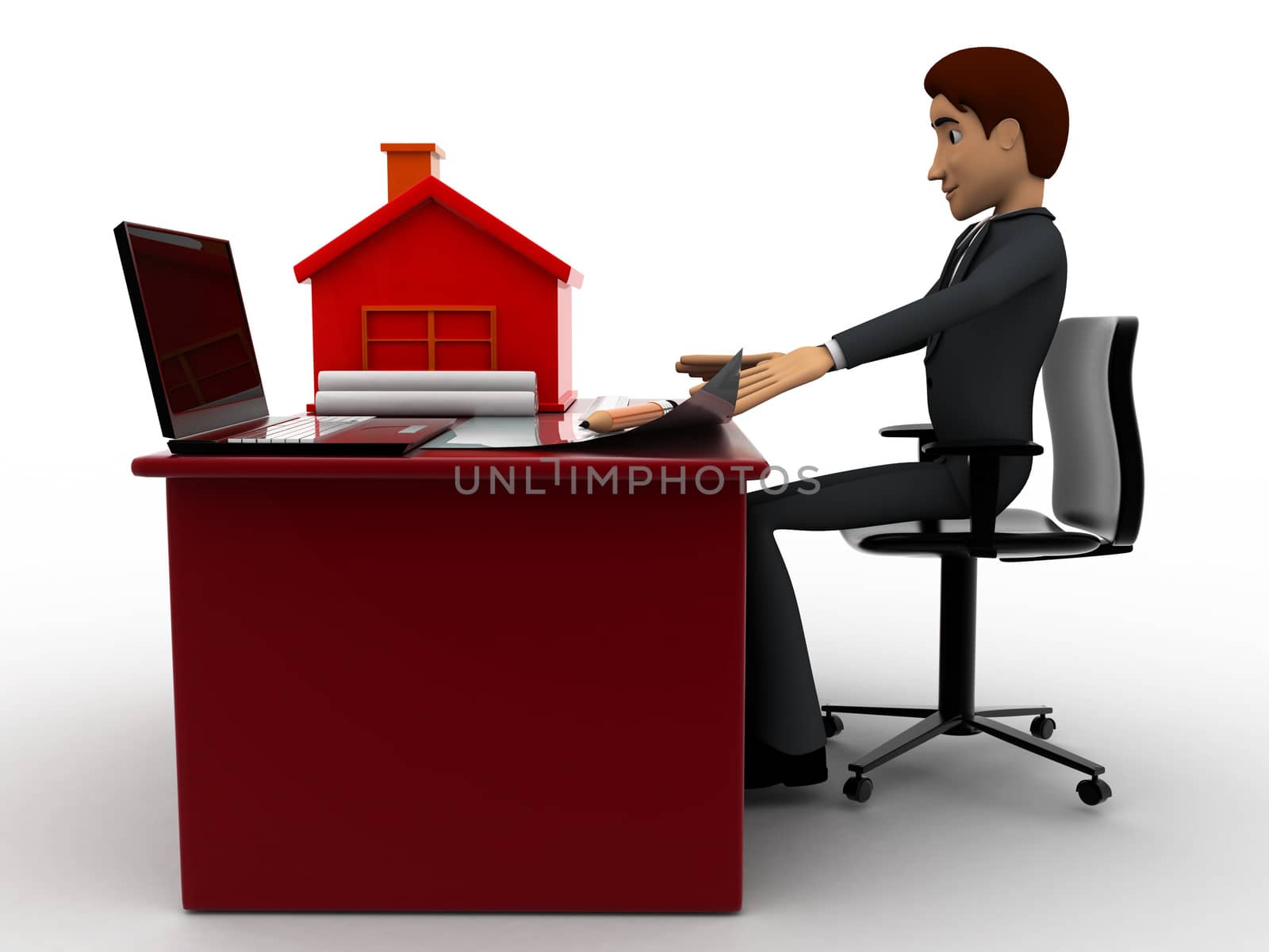 3d man making home plan on laptop with small model of house on talbe concept on white background, side angle view