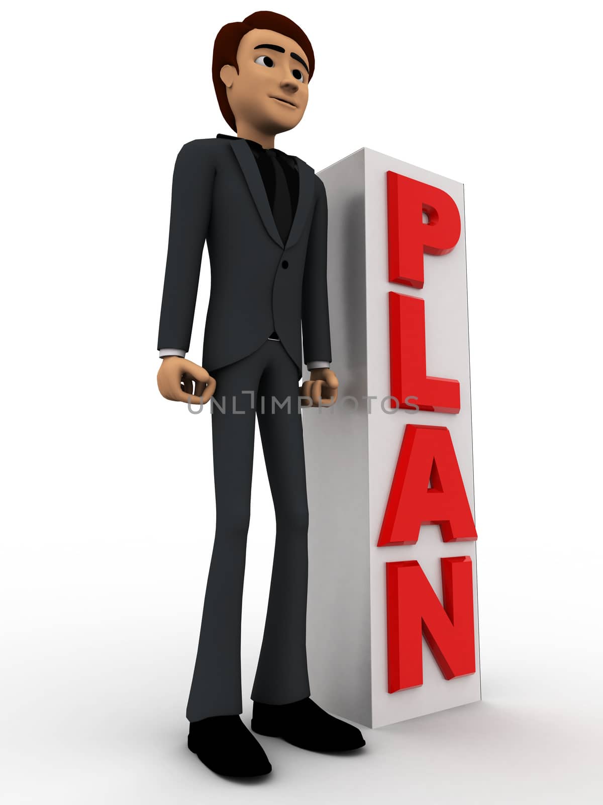 3d man with red vertical plan text concept on white background,side angle view