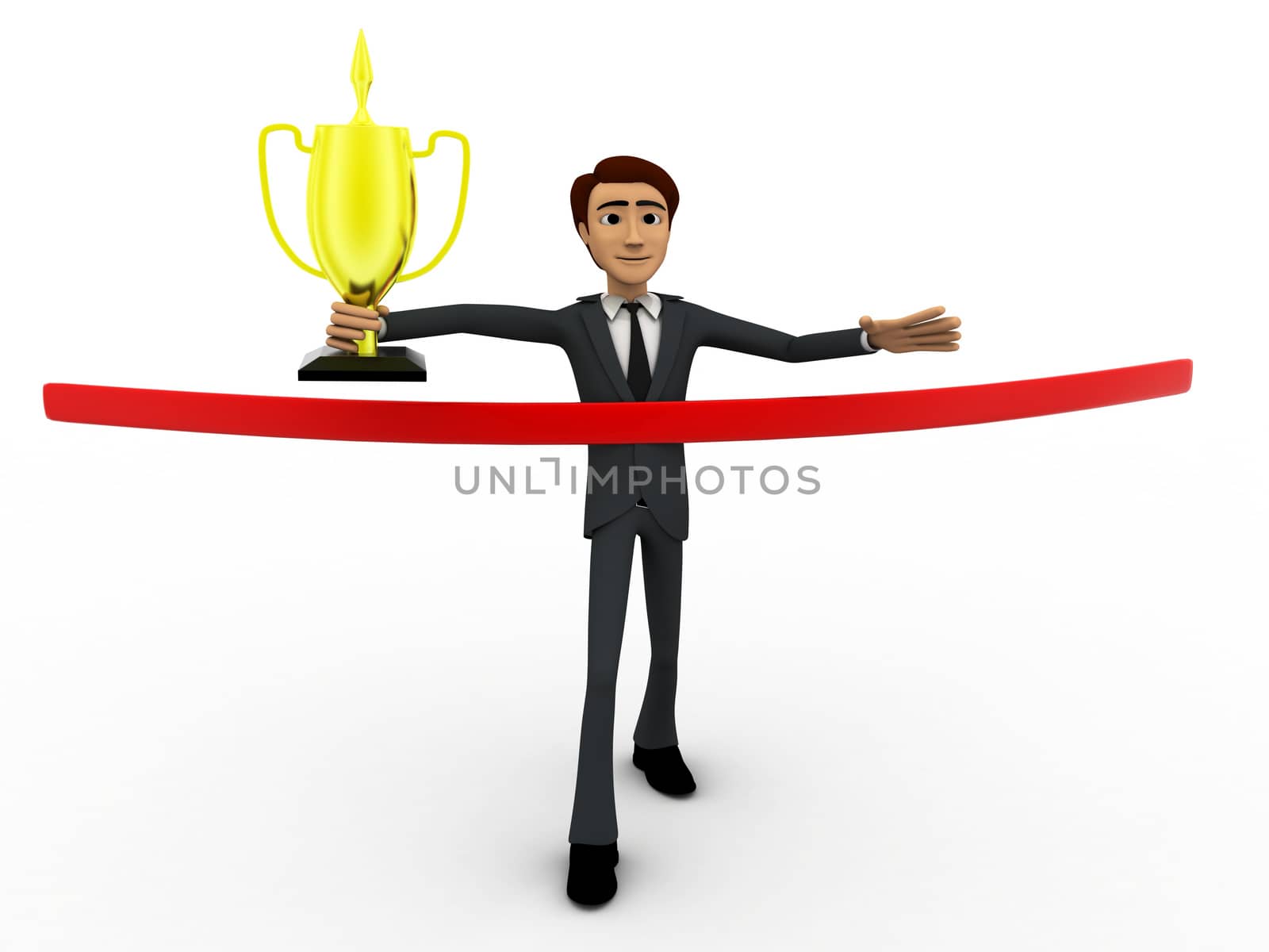 3d man finishing race and with winning cup concept on white background, front angle view