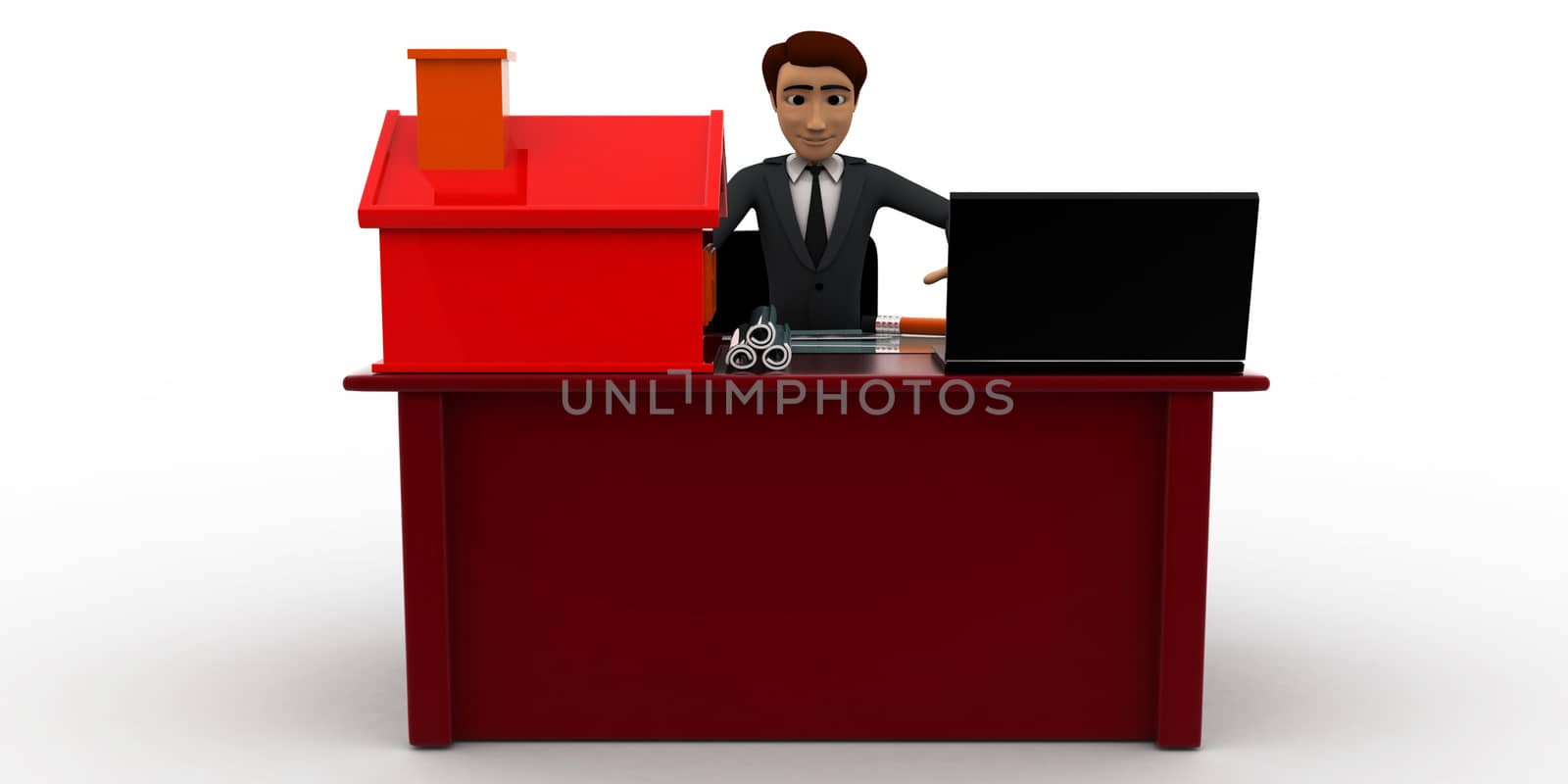 3d man making home plan on laptop with small model of house on t by touchmenithin@gmail.com