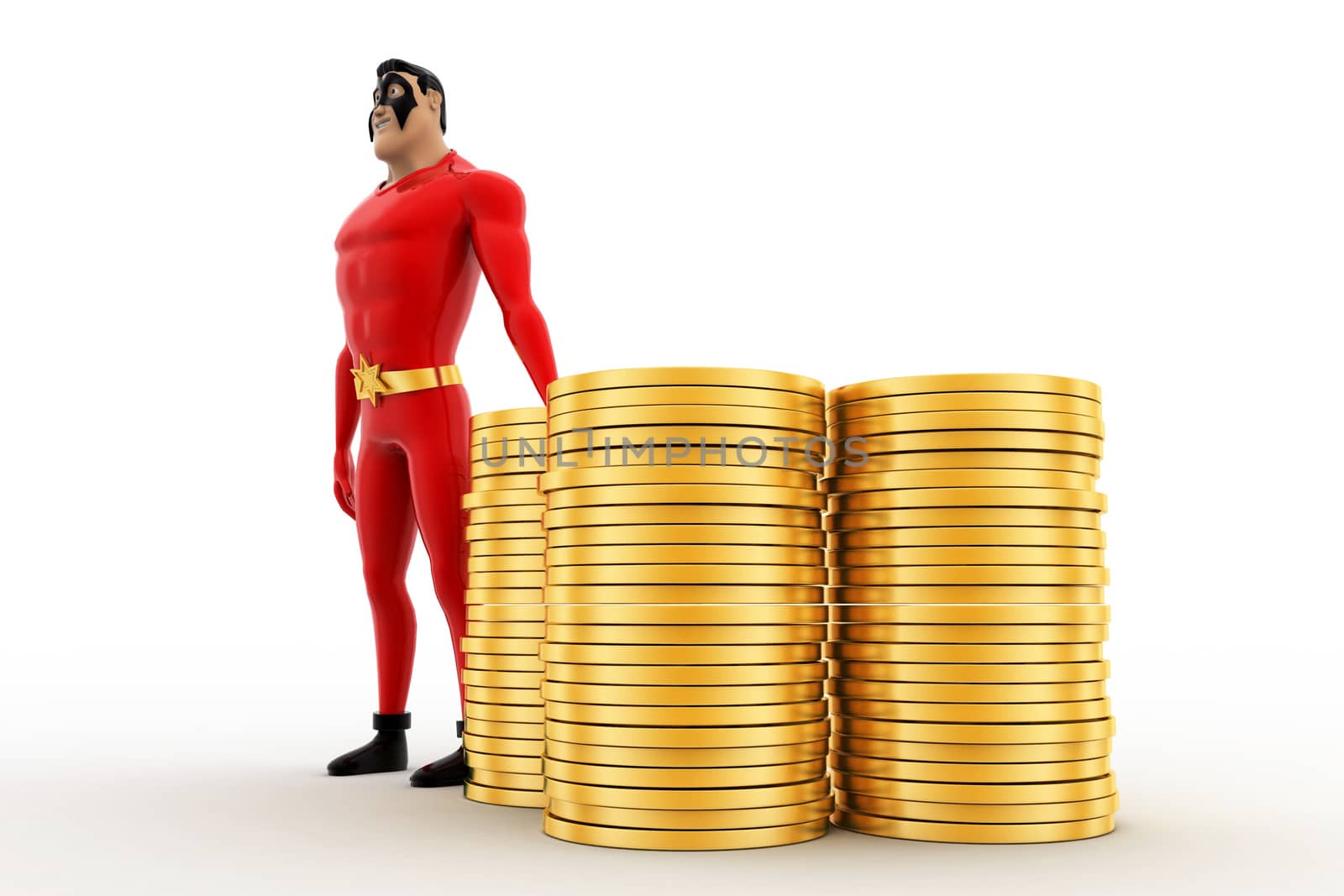 3d superhero with pile of coins concept on white background,  side angle view