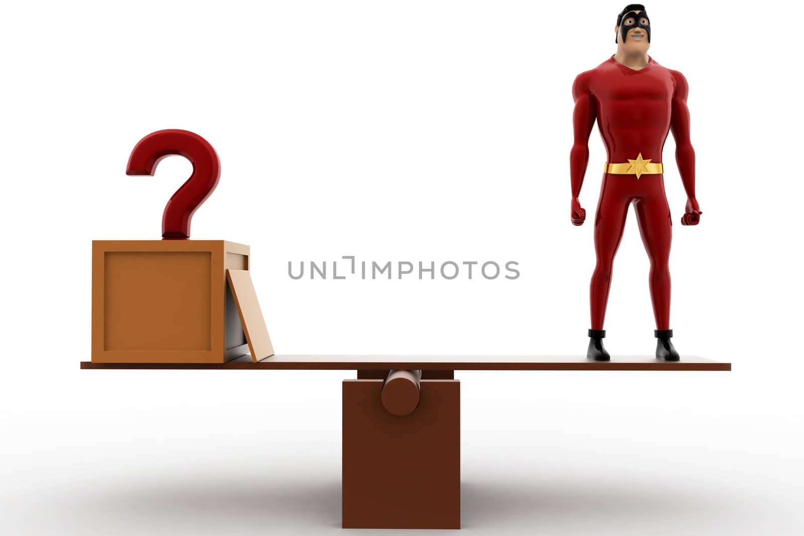 3d superhero with question mark and standing on seesaw for balan by touchmenithin@gmail.com