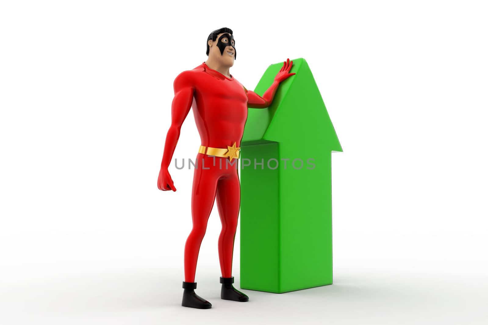 3d superhero with green arrow concept on white background,  side  angle view