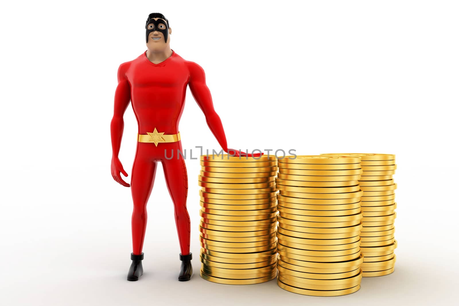 3d superhero with pile of coins concept on white background, front angle view