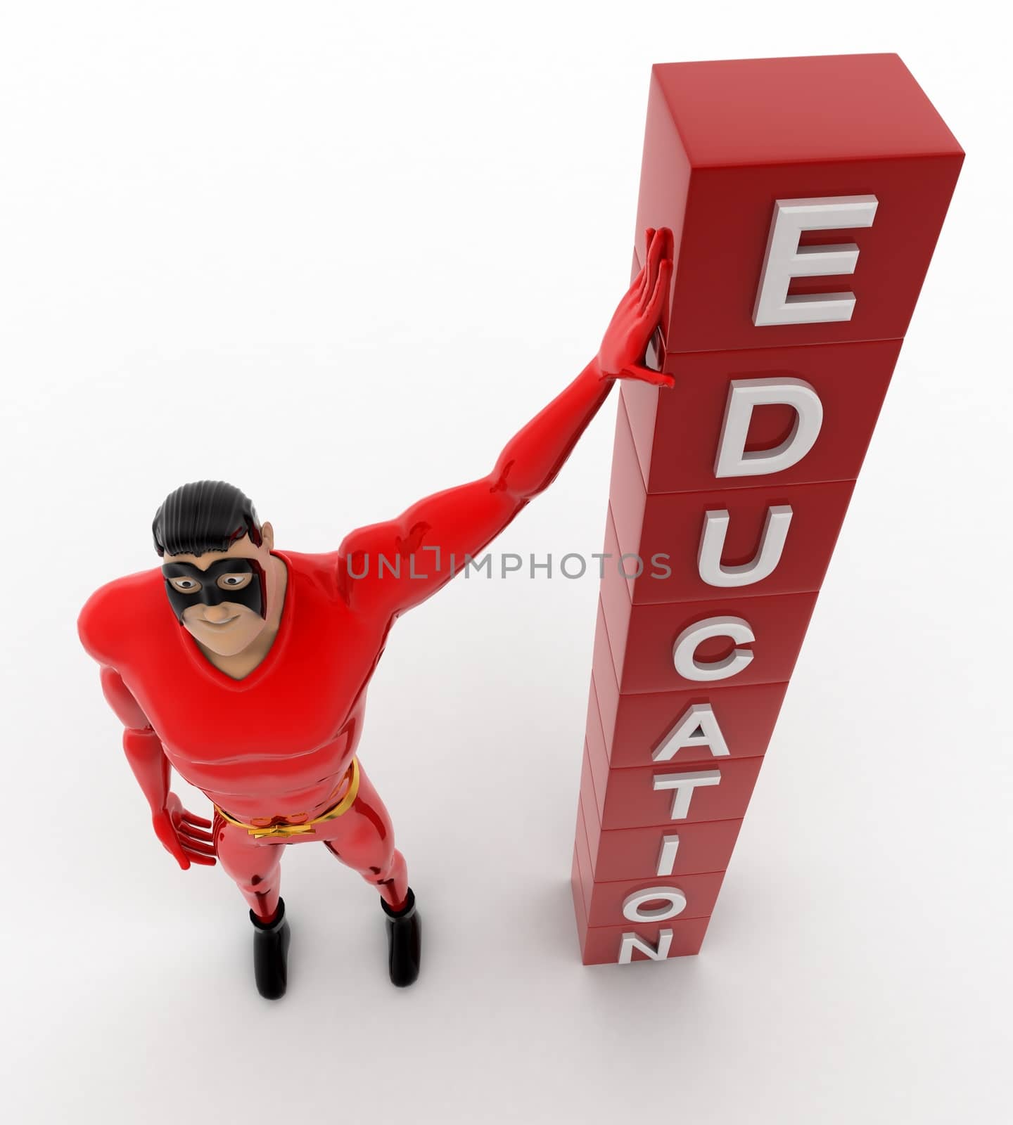 3d superhero with education cubes concept on white background, top angle view