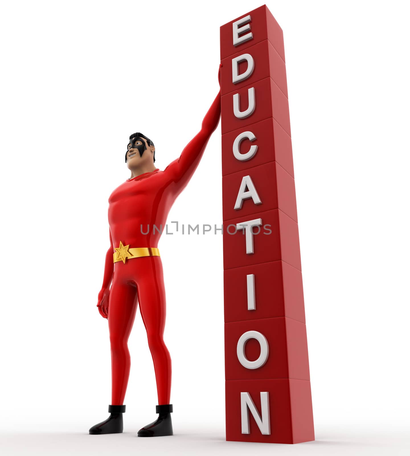 3d superhero with education cubes concept on white background, side angle view
