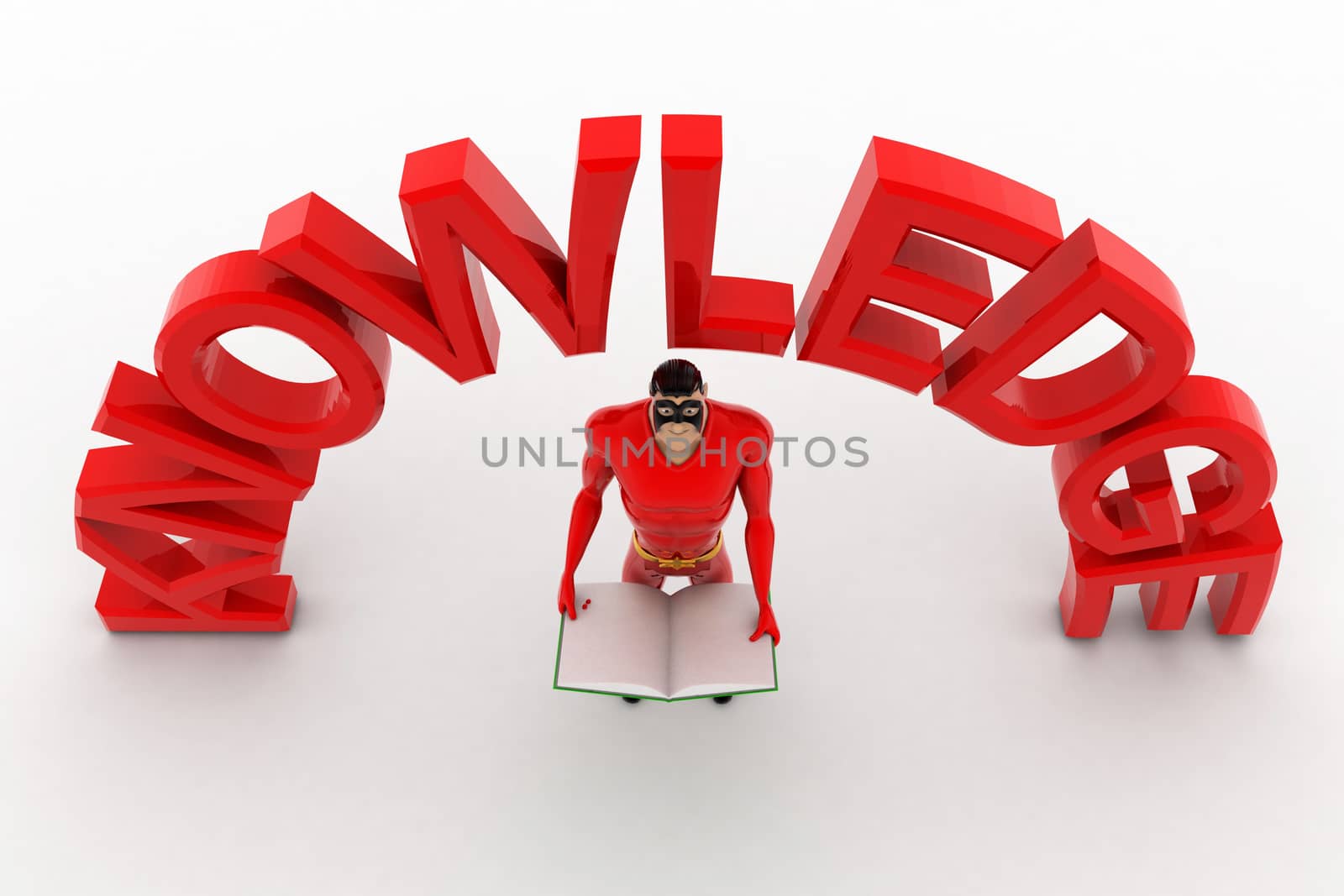 3d superhero with book in hand and knowledge text concept on white background, top angle view