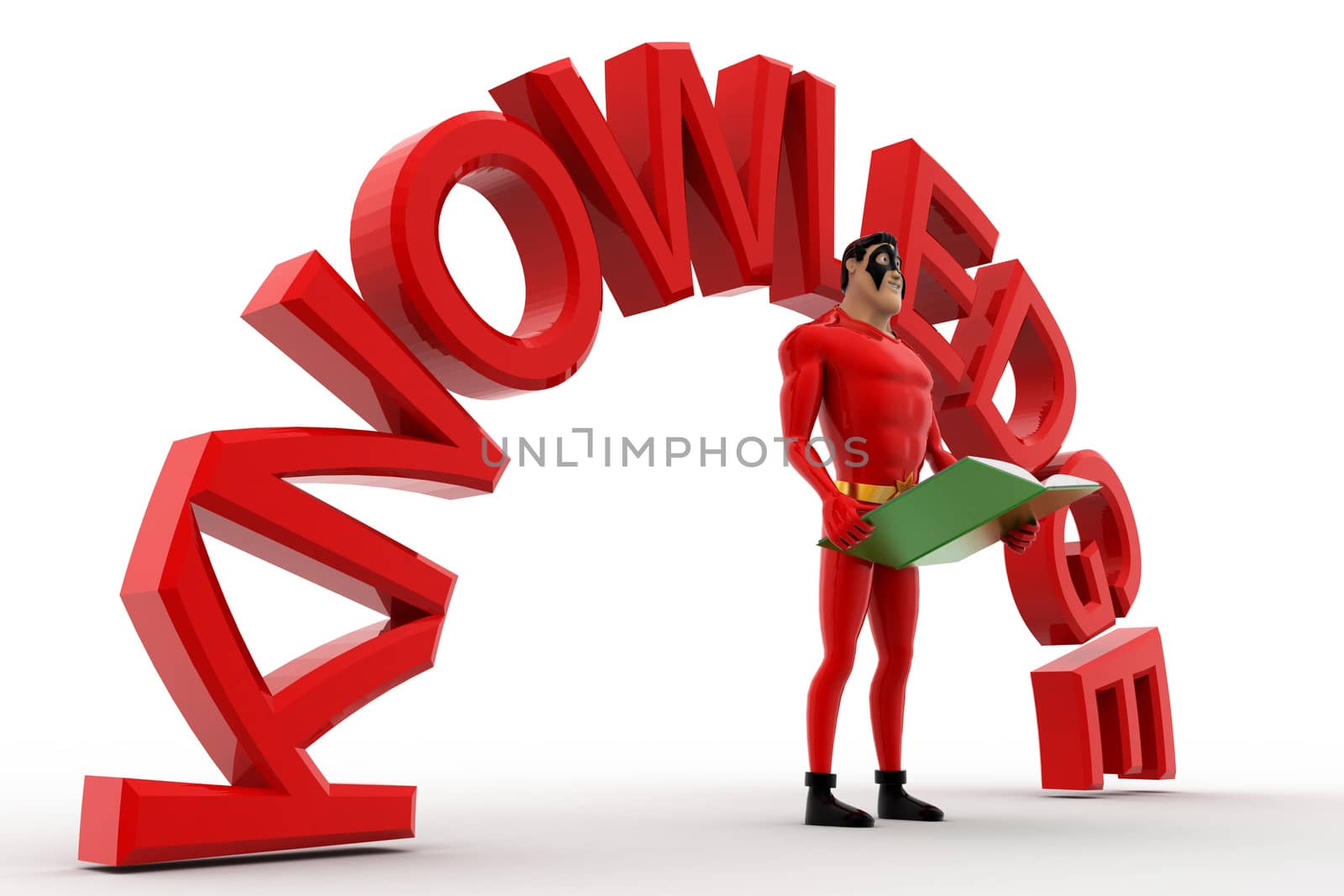 3d superhero with book in hand and knowledge text concept by touchmenithin@gmail.com
