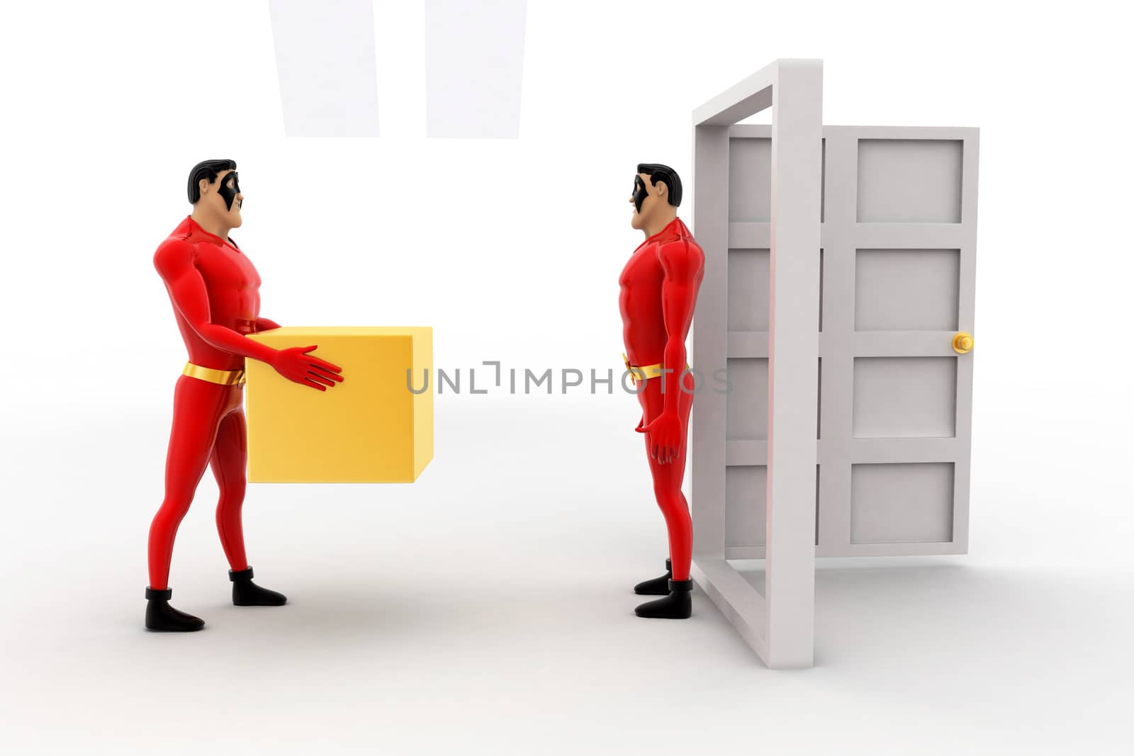 3d superhero deliverying box at door to another superhero concept on white background, front angle view