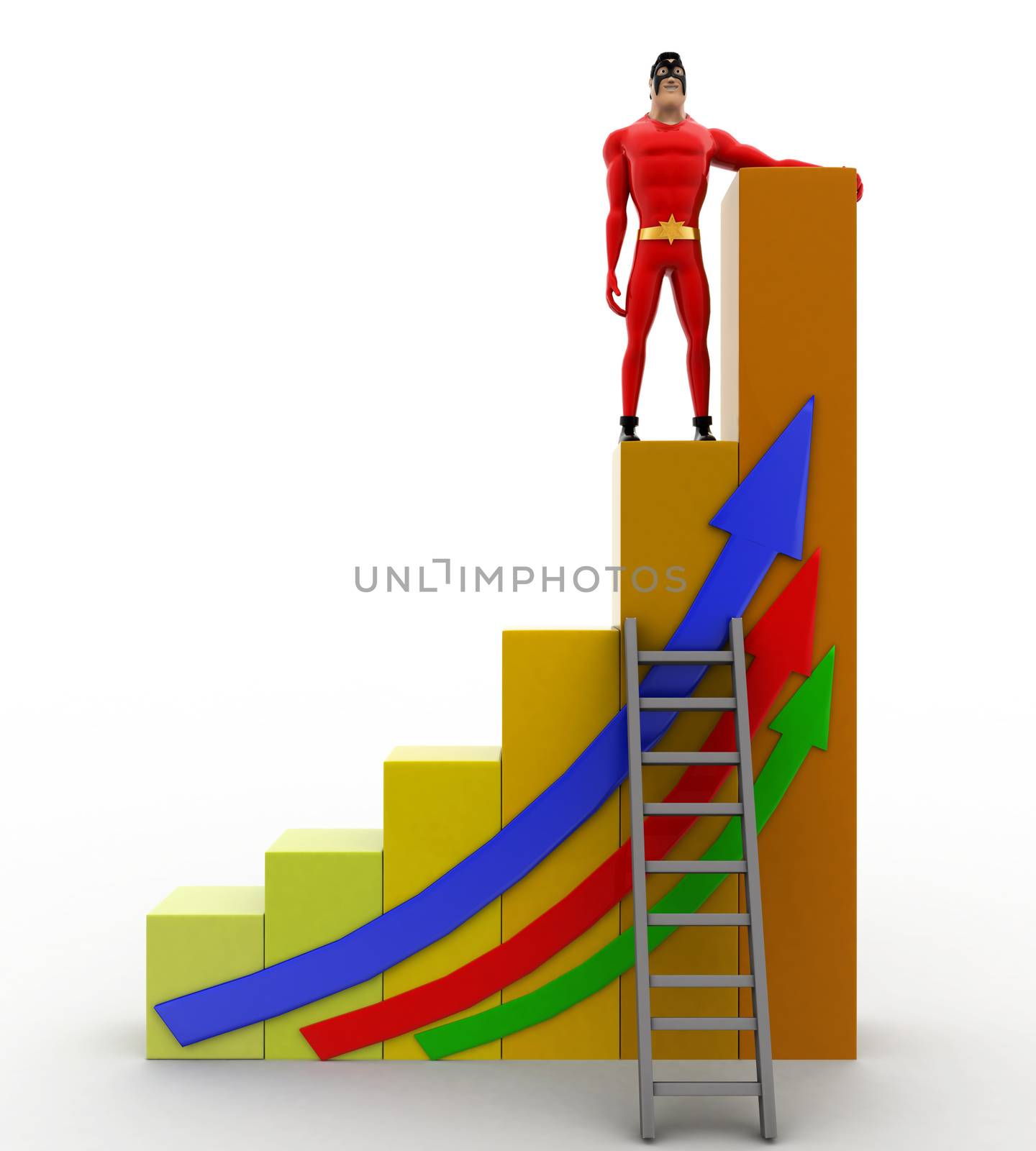 3d superhero climb bar graph concept on white background, front angle view