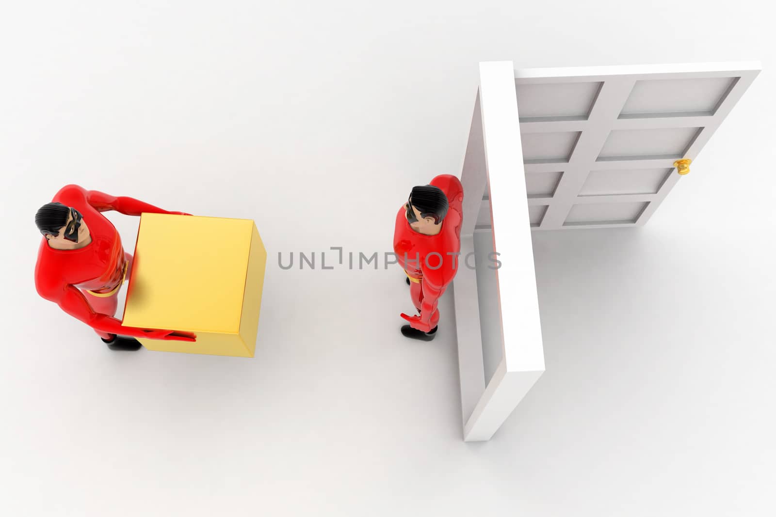 3d superhero deliverying box at door to another superhero concept on white background, top angle view