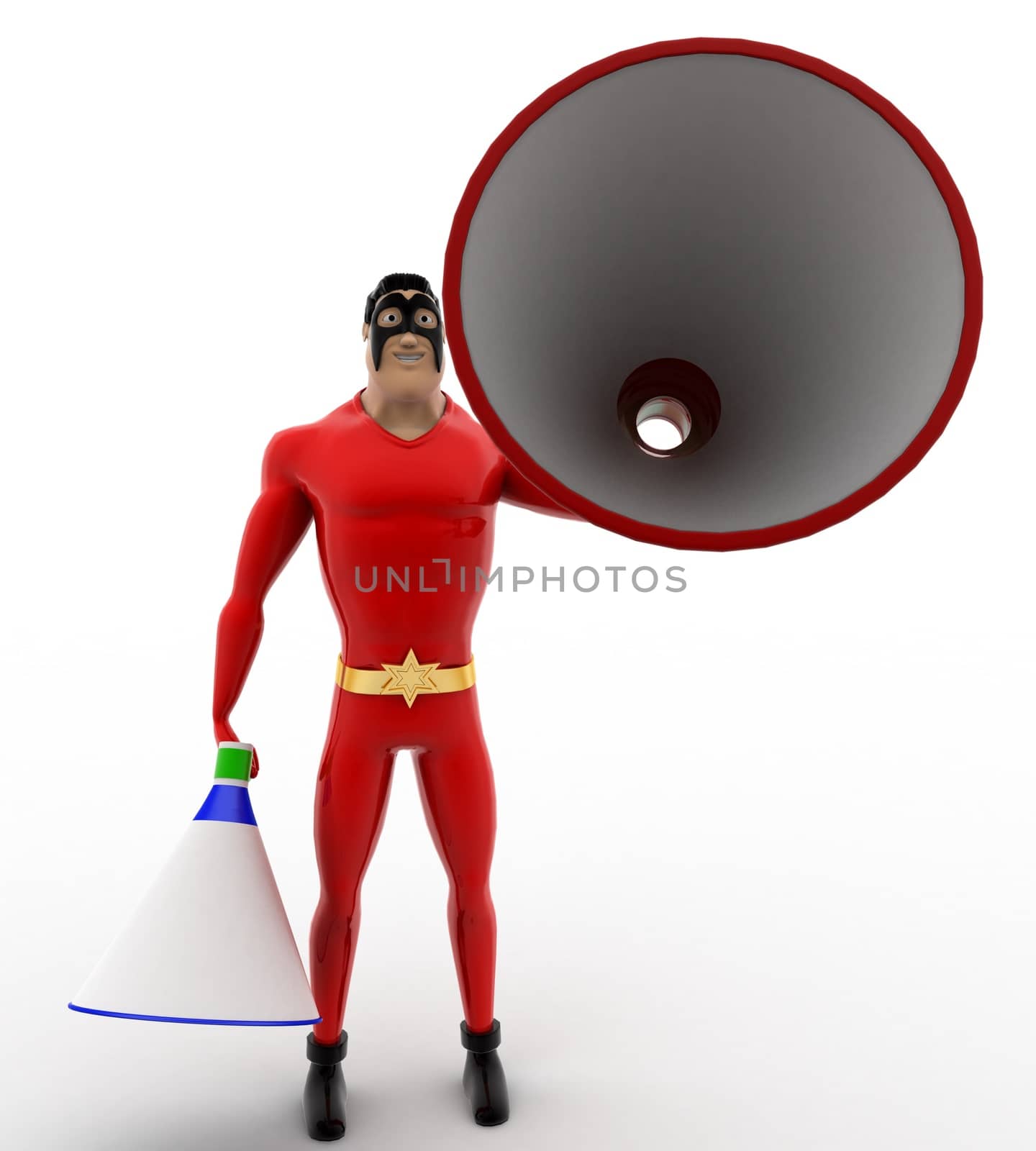 3d superhero with two blue and red loud speaker concept by touchmenithin@gmail.com