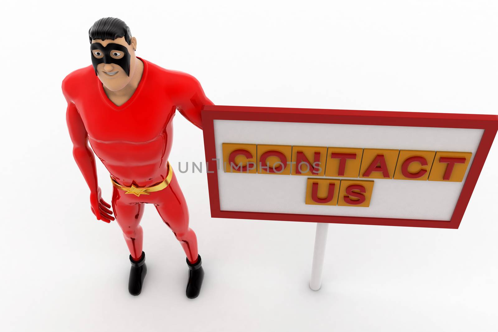 3d superhero with contact us sign board concept by touchmenithin@gmail.com