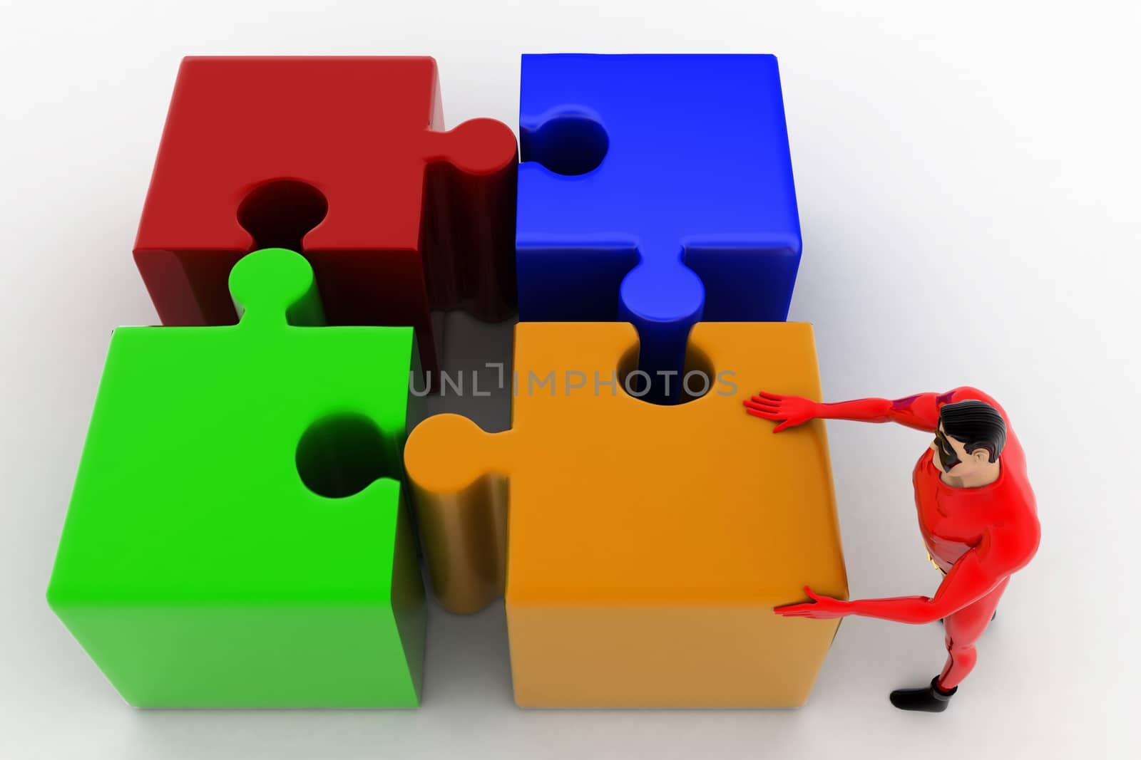 3d superhero with four different colored puzzle pieces concept on white background,  top angle view