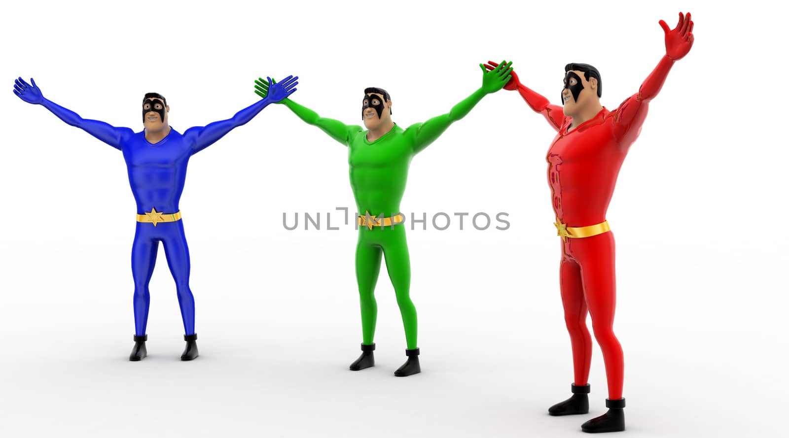 3d three pneguins happy and hands up concept on white background, side angle view