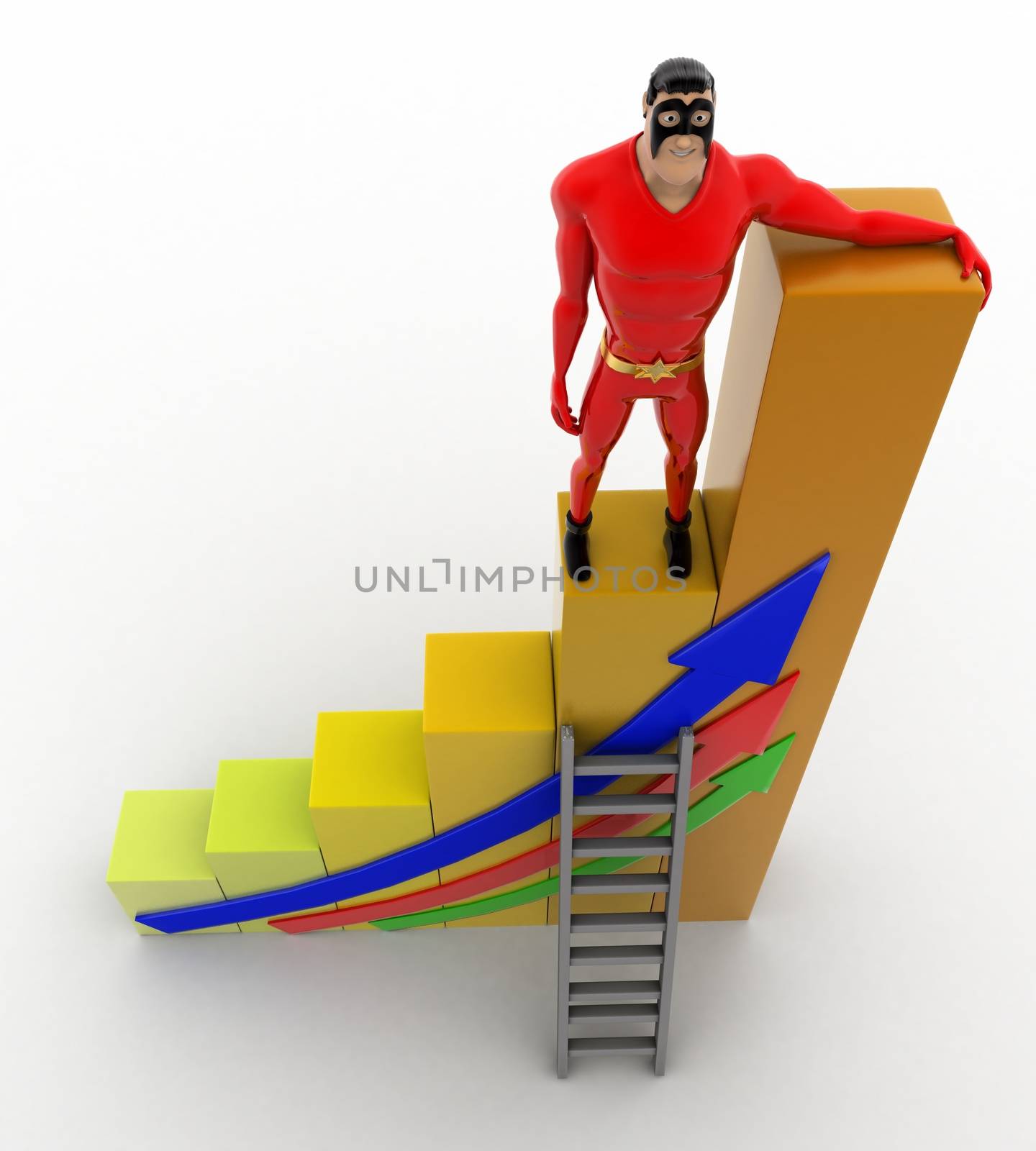 3d superhero climb bar graph concept on white background,  top  angle view