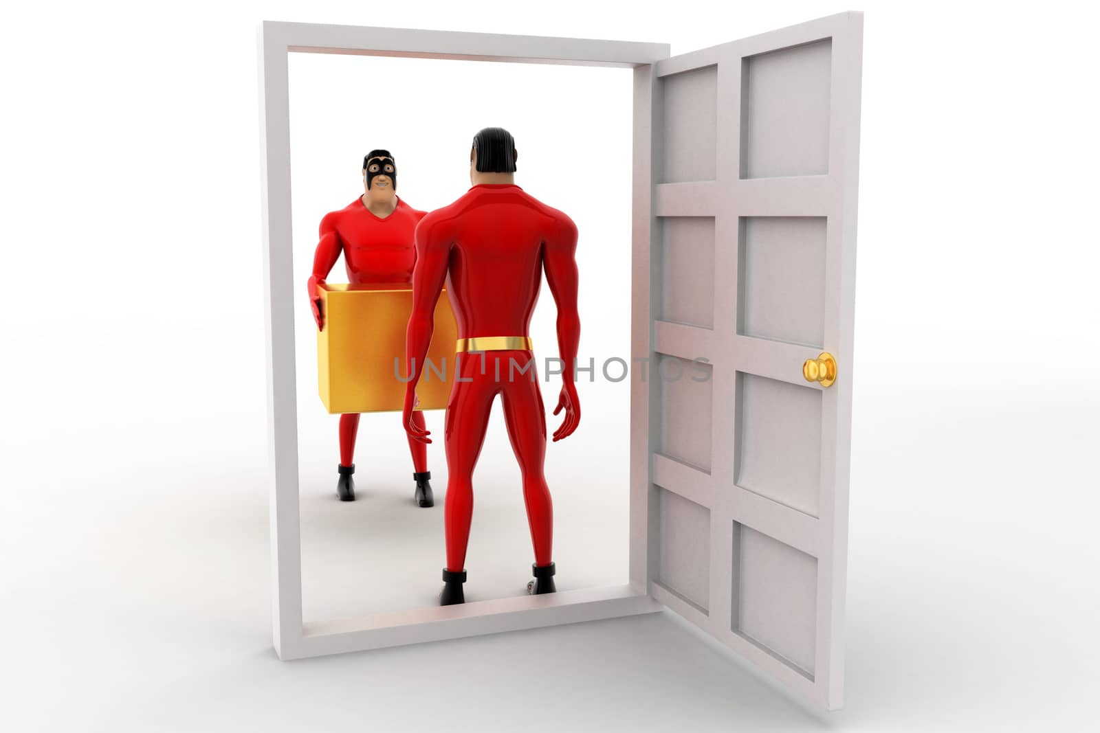 3d superhero deliverying box at door to another superhero concep by touchmenithin@gmail.com