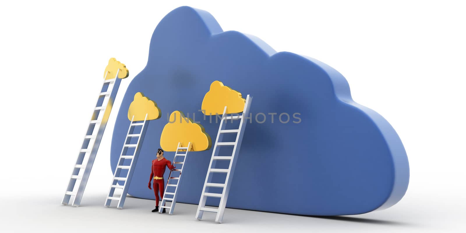 3d superhero with cloud and ladder to reach clouds concept by touchmenithin@gmail.com