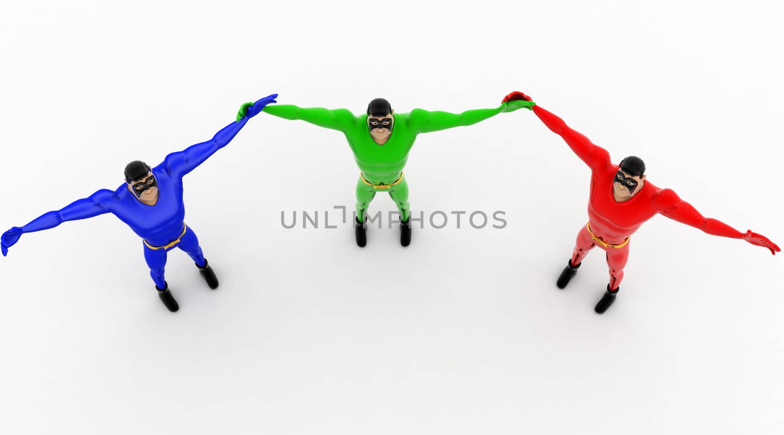 3d three pneguins happy and hands up concept on white background, top angle view