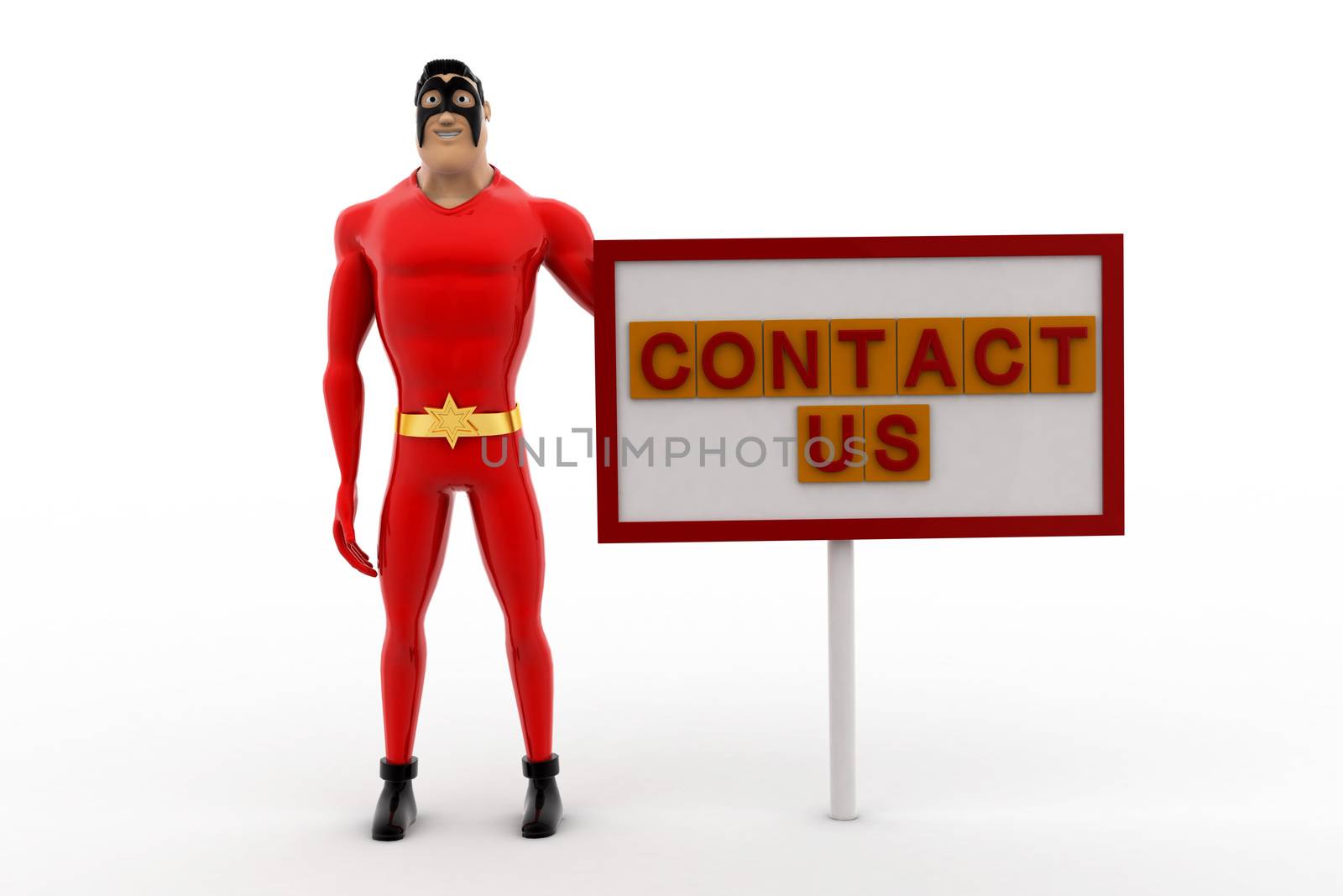 3d superhero with contact us sign board concept by touchmenithin@gmail.com