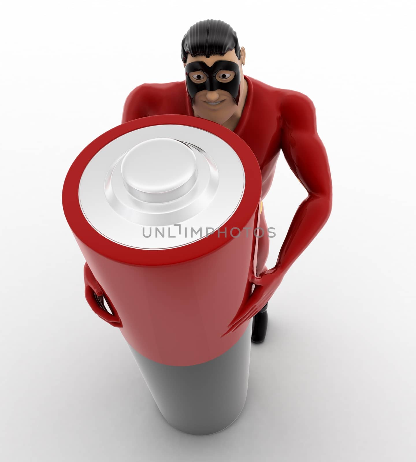 3d superhero with battery cell concept on white background,  top angle view