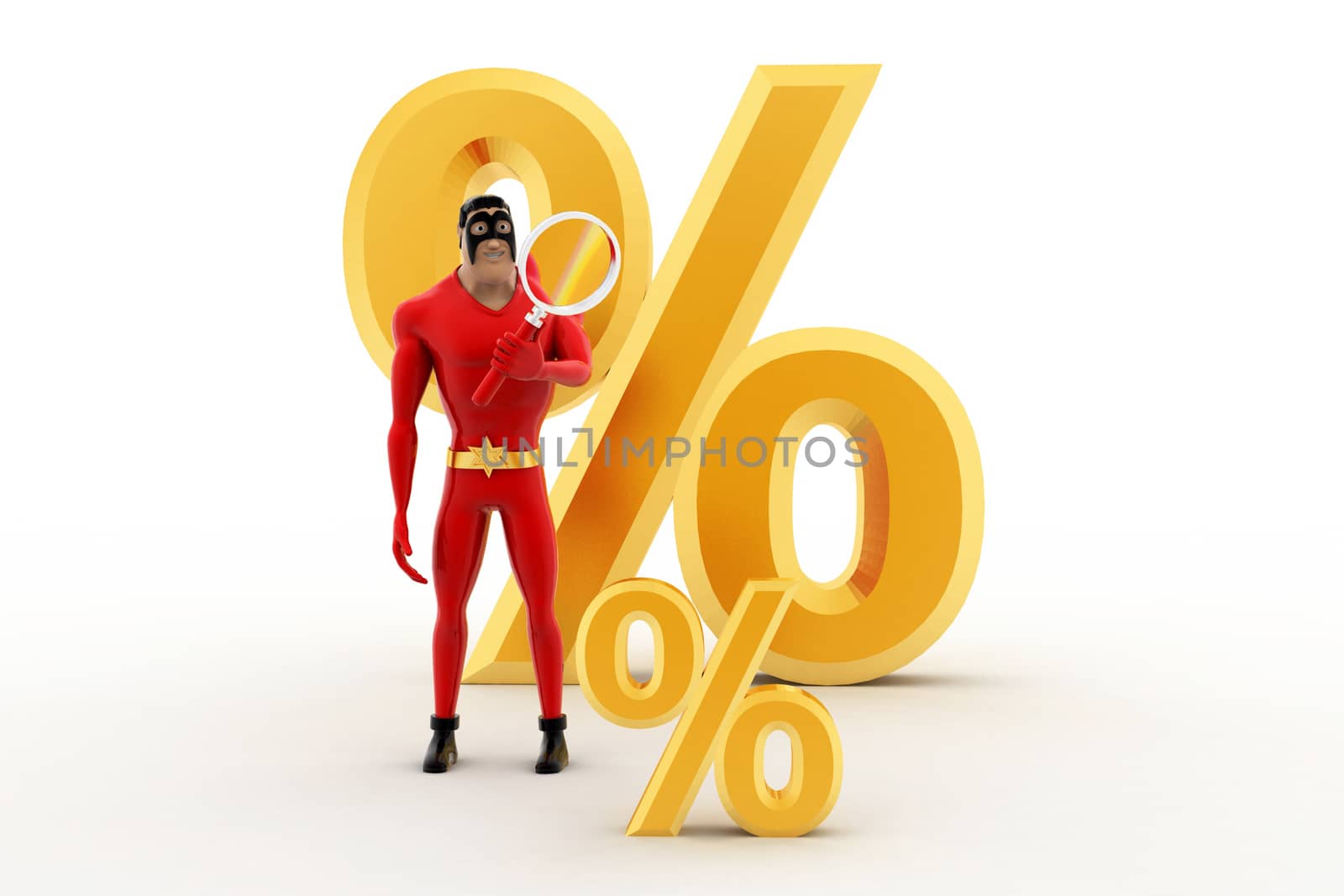 3d superhero examine small percentage symbol using magnifying glass concept on white background, front angle view