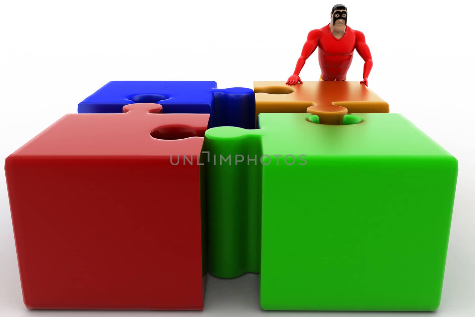 3d superhero with four different colored puzzle pieces concept on white background, front angle view