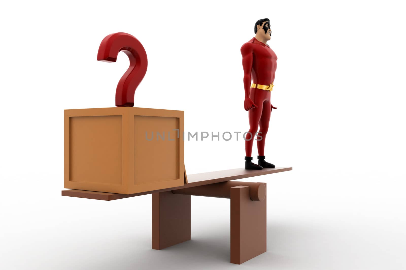 3d superhero with question mark and standing on seesaw for balance concept on white background,  side angle view