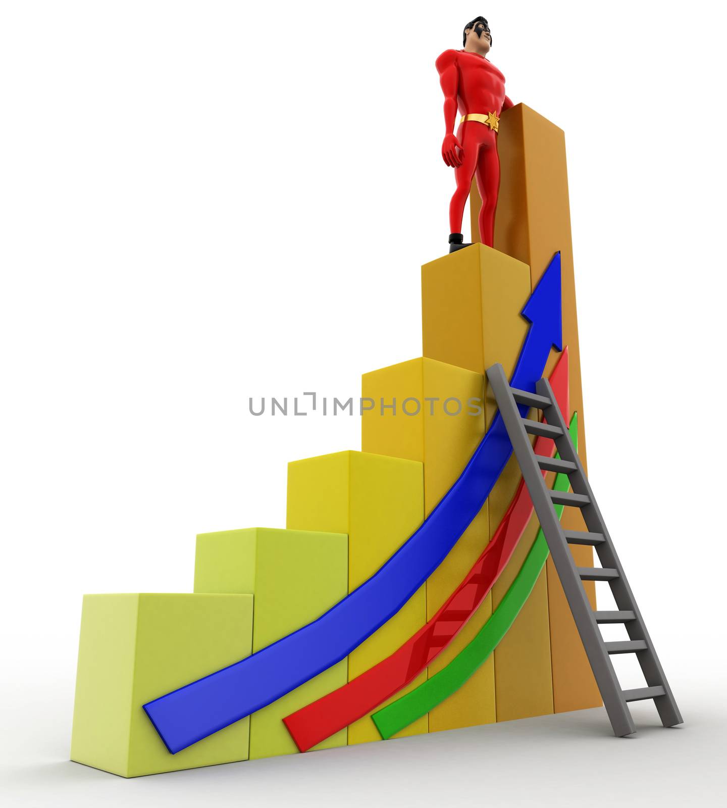 3d superhero climb bar graph concept on white background,  side angle view