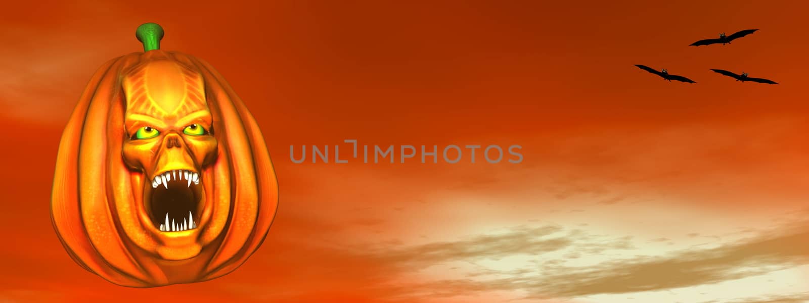 Halloween pumpkin and bats in orange background - 3D render