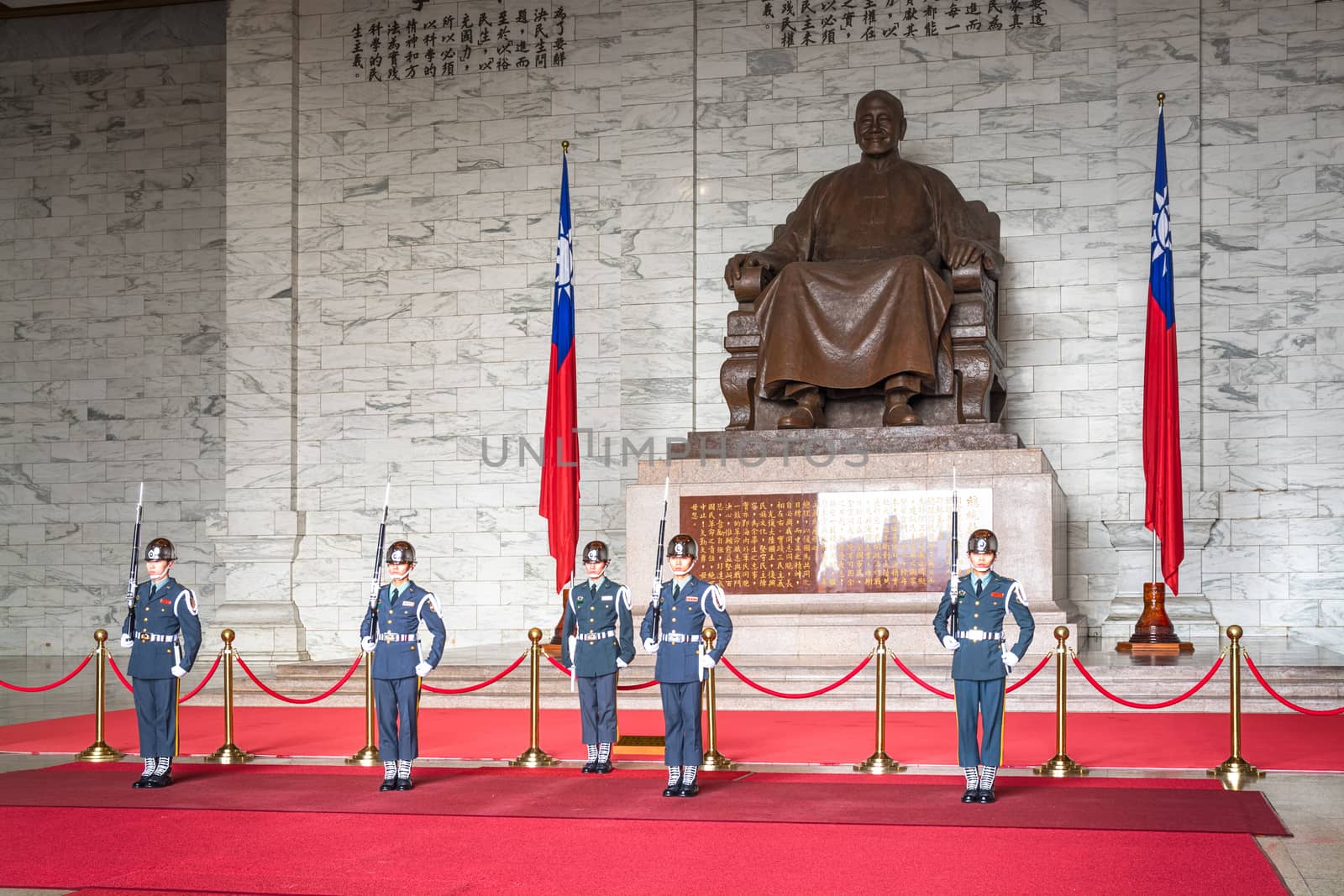 Taipei, Taiwan - May 8, 2014: Honor Guard marching  at the Chiang Kai-Shek Memorial Hall in Taipei. Chiang Kai-shek Memorial Hall is a popular travel destination among tourists visiting Taiwan. Chiang Kai-shek, former President of Taiwan. 