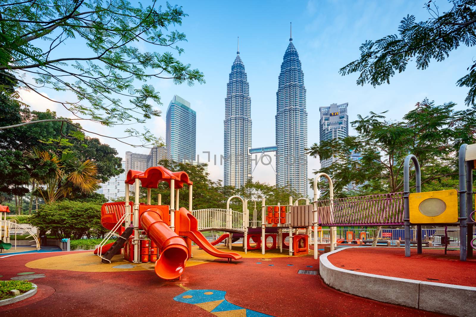 Petronas Towers view from Kuala Lumpur City Centre Park.