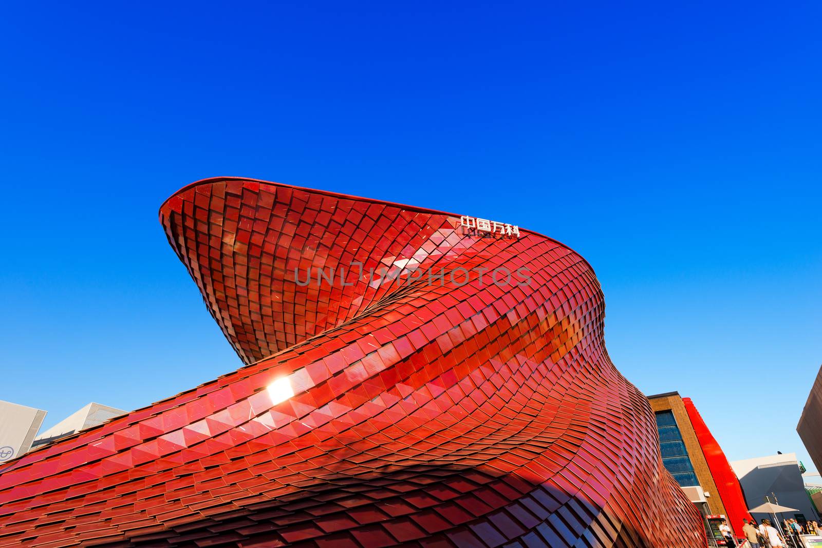 MILAN, ITALY - AUGUST 31, 2015: Vanke pavilion (leader in the Chinese real estate) at Expo Milano 2015, universal exposition on the theme of food, in Milan, Lombardy, Italy, Europe