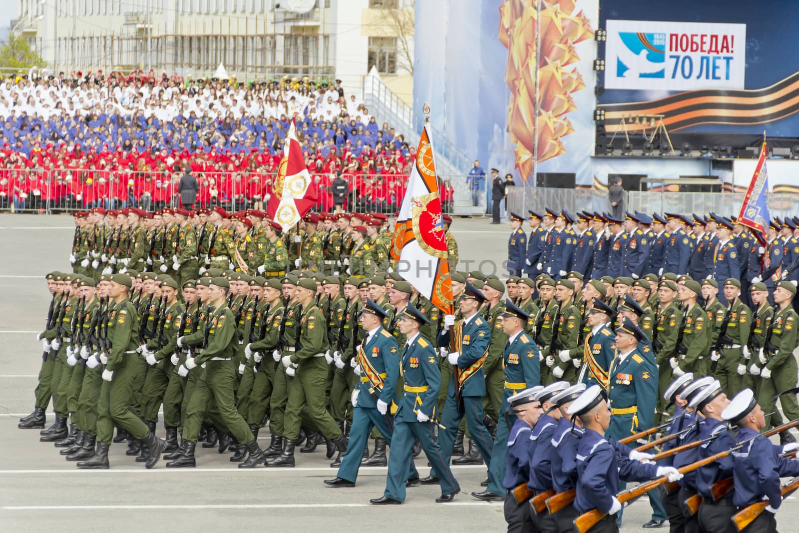 Samara, Russia - May 9: Russian soldiers march at the parade on annual Victory Day, May, 9, 2015 in Samara, Russia.
