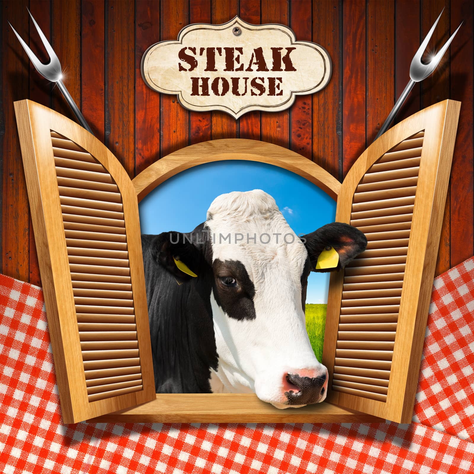 Wooden wall with checkered tablecloth and an open window with a head of cow, label with text Steak house and two steel forks.