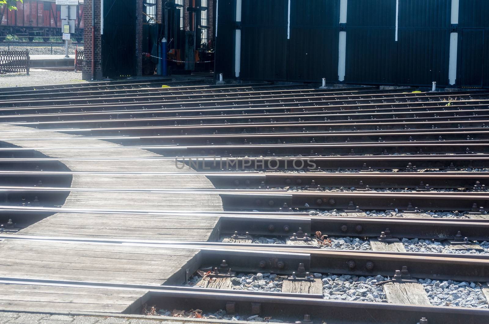 Detail view of a rails Historical Engine shed.