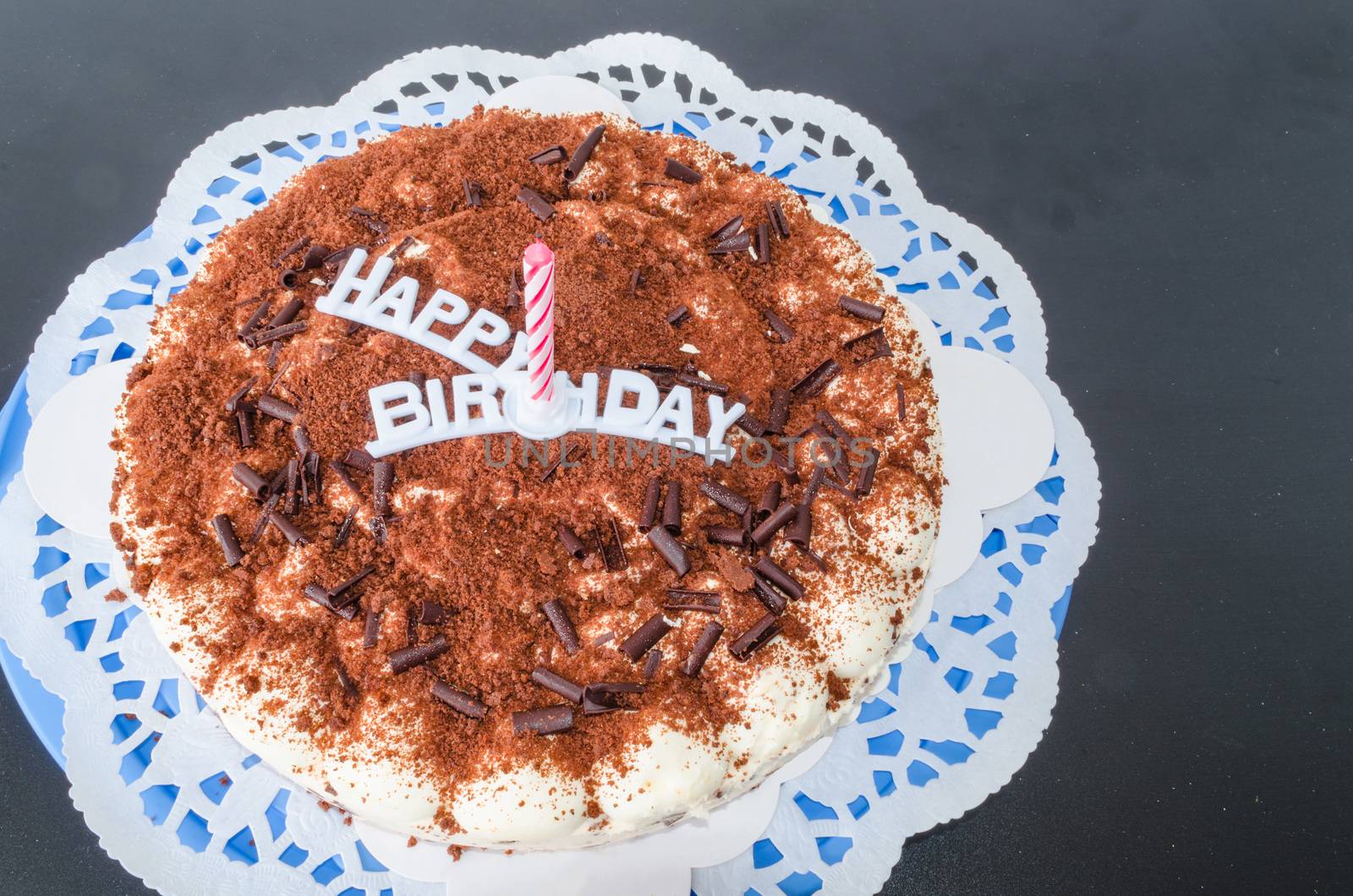 Birthday cake with candle and inscription Happy Birthday