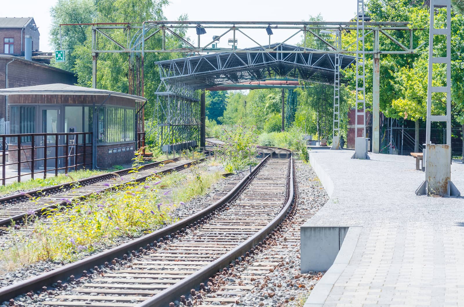 Old railroad tracks in an abandoned industrial facility.