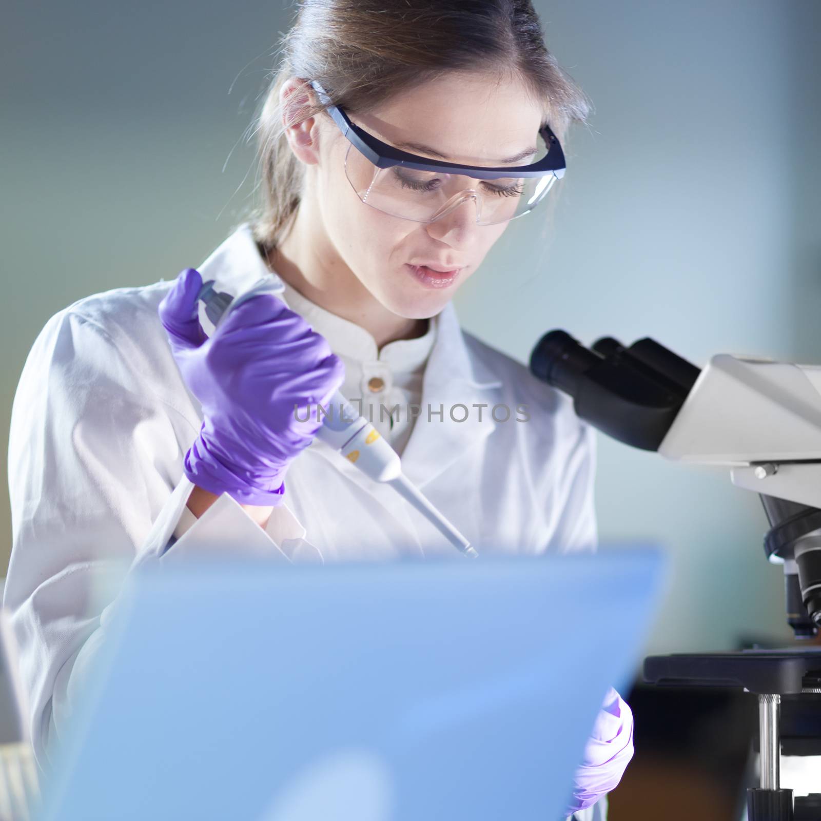 Life scientist researching in laboratory. Portrait of attractive, young, confident female health care professional pipetting under microscope in hes working environment. Healthcare and biotechnology.