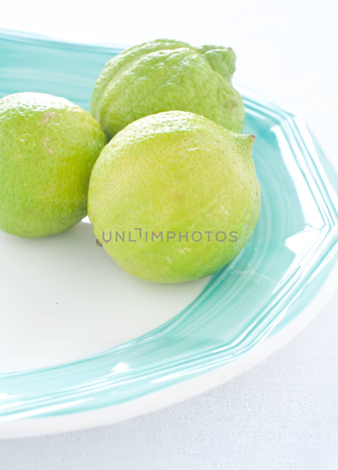 group of green lemons on colored background
