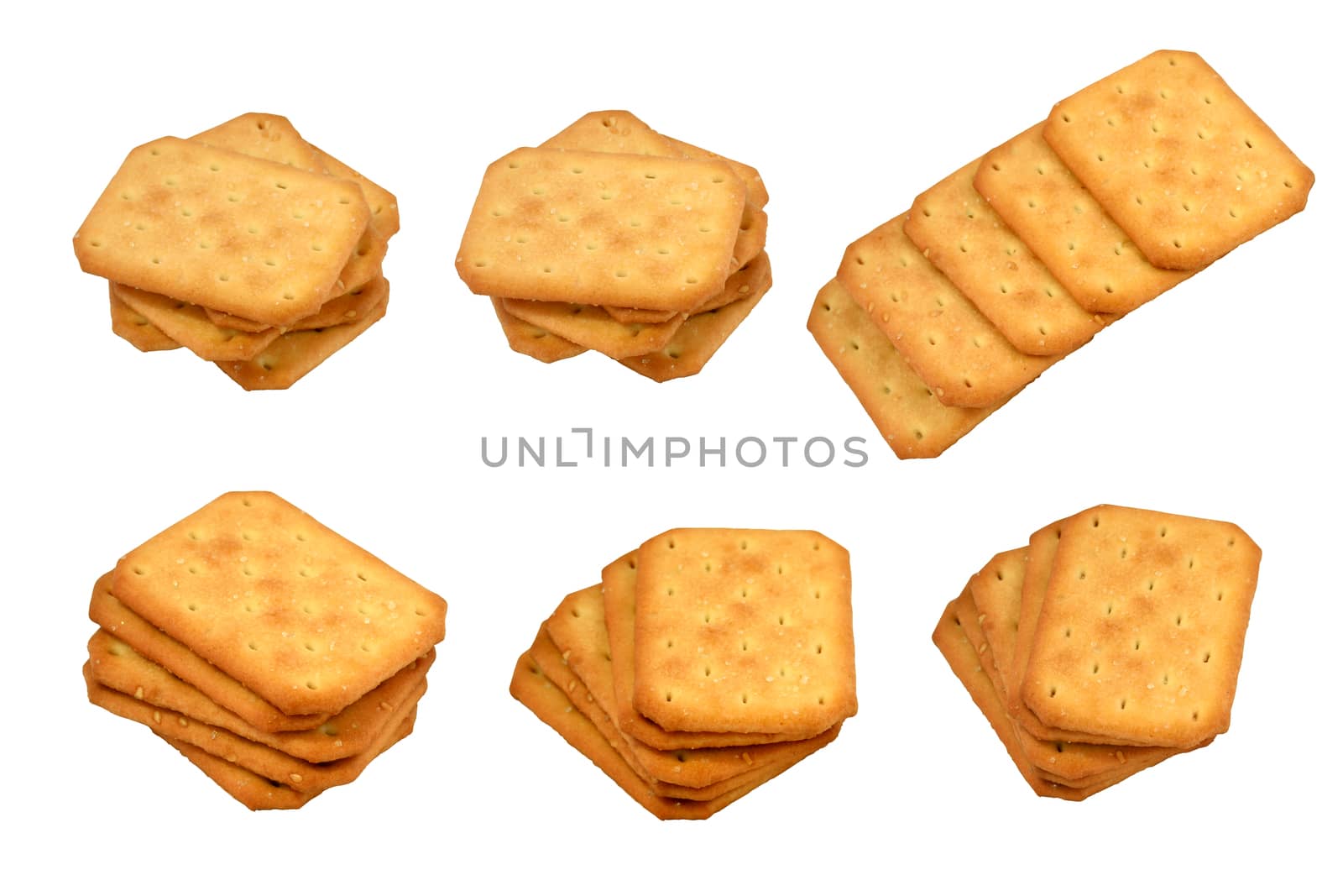 Showing isolated six shots of the different group of crackers