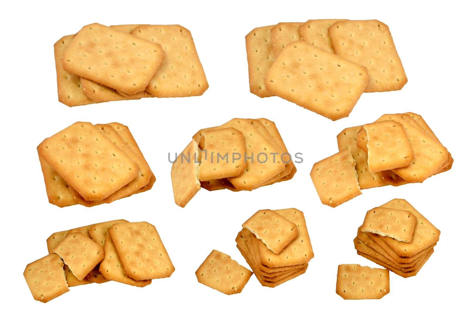 Isolated eight  shots of the different group of biscuits on white